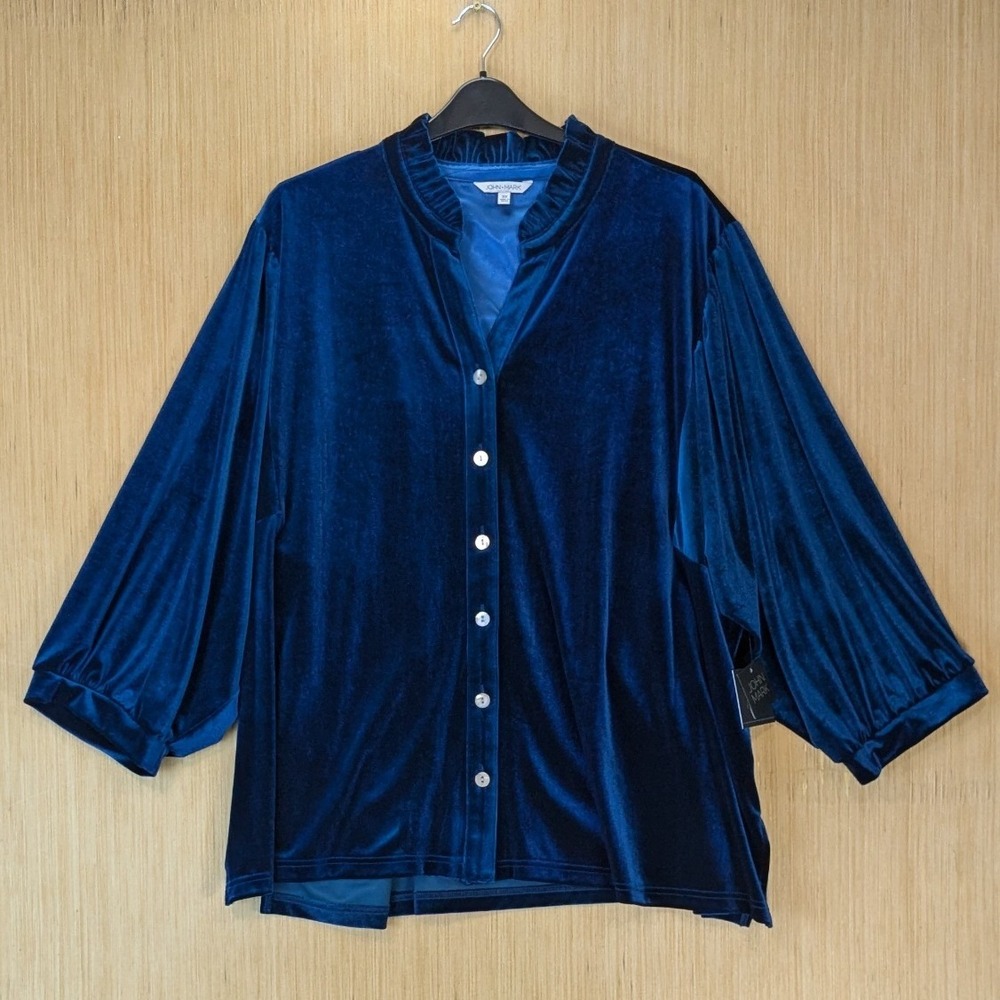 John Mark Velvet Ruffle Collar Balloon Sleeve Top 3X Blue Flowy Modest NWT